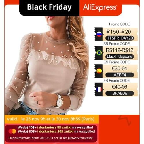 Spring Patchwork Beaded Mesh Blouse Women Sexy O Neck Hollow Out Women Shirt Blusa Elegant Ruffle Puff Long Sleeve Tops Pullover