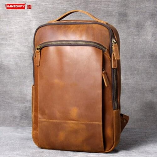 Vintage Crazy Horse Leather Bag Men Backpack Travel Laptop Backpack Male Genuine Leather Computer Schoolbag First Layer Cowhide