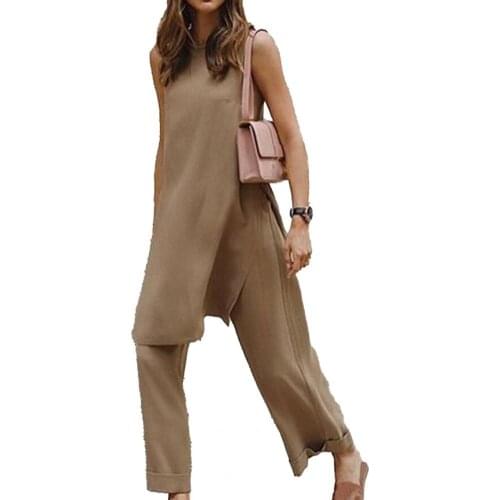 Pants Sleeveless Round Neck Female Women Split Blouse Wide Leg Pants Set for Work Summer Women Clothing Black xxxl