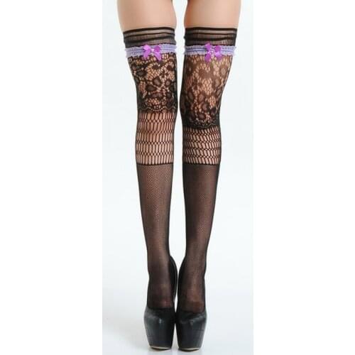 Bow Tie Women Stockings Summer Paisley Thigh High Stocking Black Long Socks Evening Party Wear Women Lace Fishnet Stockings
