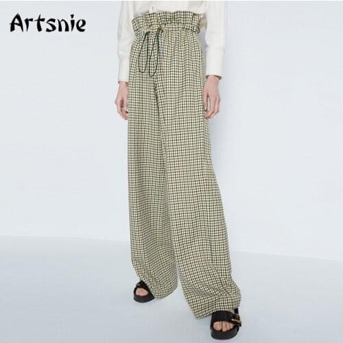 Artsnie Vintage Plaid Wide Leg Pants Women Autumn 2021 Elastic High Waist Trousers Streetwear Casual Ladies Loose Long Pants