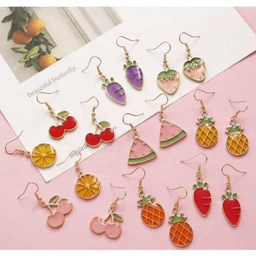Korean Cute Multiple Fruit Vegetable Funny Earrings for Women Girl Colorful Metal Drop Dangle Earrings Party Holiday Jewelry