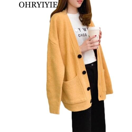 OHRYIYIE Yellow Oversized Cardigan Sweater Women 2021 Spring Autumn Long Single Breasted Knitted Sweaters Female Loose Overcoat
