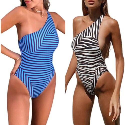 Meihuida Women Summer Swimwear, Stripes Padded One Shoulder Backless High Waist One-Piece Swimsuit for Girls
