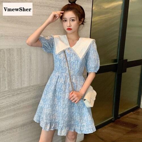 VmewSher New Sweet Summer Floral Women Dress Peter Pan Collar Puff Short Sleeve V Neck Cute Mini Dresses Lady Elegant Ruffle Hem
