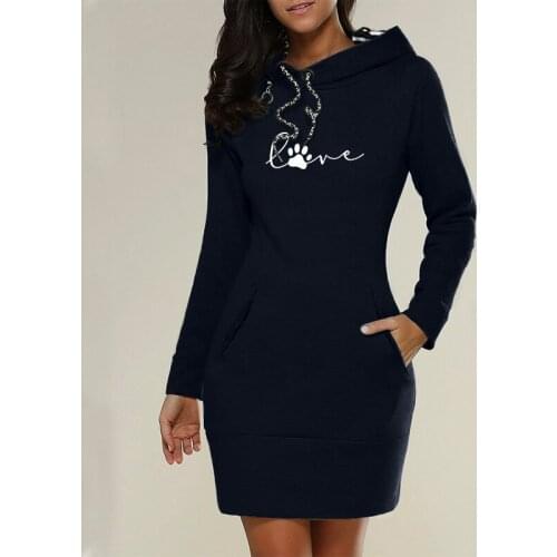 Women Sweatshirt Dresses Autumn Hooded Long Sleeve 2020 New Fashion Solid Print Loose Pocket Ladies Mini Dress