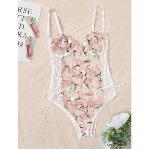 Women Teddy One Piece lingerie Sexy Underwear Erotic Corset Mesh Sleepwear Nightwear Embroidered strap one-piece sexy pajamas