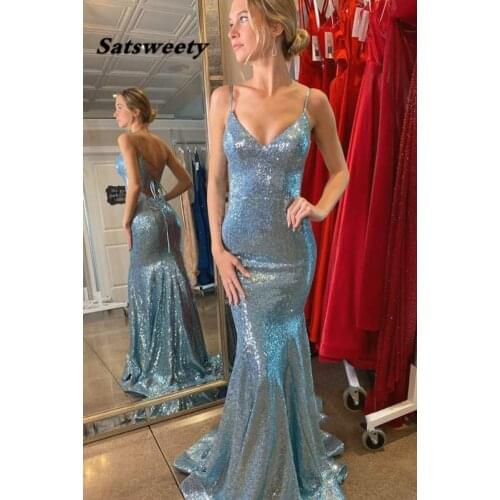 Robe De Soiree Mermaid Sequins Evening Dress Long 2022 Vestidos De Fiesta Backless вечерние платья V-Neck Suknie Wieczorowe