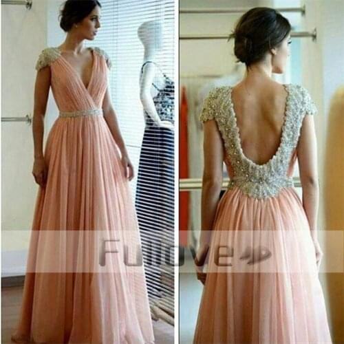Elegant Coral Crystal Evening Dress Long 2019 Short Sleeve Backless Formal Prom Party Dresses Robe De Soiree Abendkleider Abiye