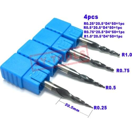 4PCS Assorted R0.25&0.5&0.75&1.0mm HRC55 Tungsten solid carbide Tapered Ball Nose End Mills and cone cutter