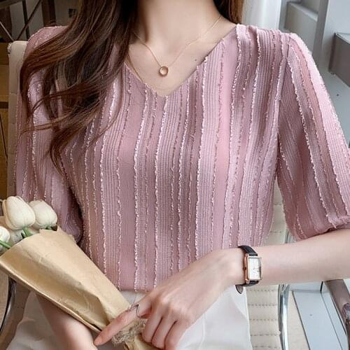 Summer Women Blouse Tops Short Sleeve V-Neck Chiffon Blouse Shirt Blouse Women Blusas Mujer De Moda 2021 Blouses Top Femme E952