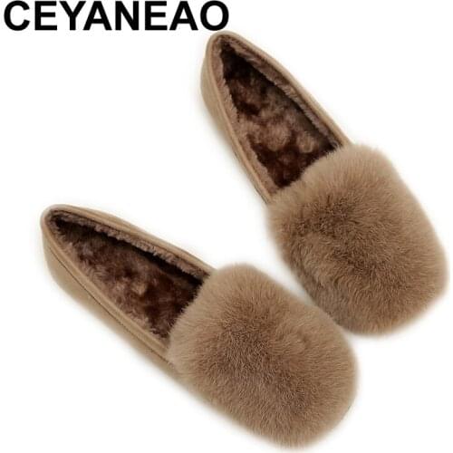 CEYANEAO2019 Comfortable Sliding Winter Shoes for Women Spring Flats Ladies Flats Plus Size Casual Warm Fur Fashion Flats Shoes