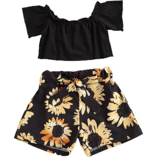Kids Baby Girls Fashion 2-piece Outfit Set Off Shoulder Tops+Sunflower Print Shorts Set for Children Girls