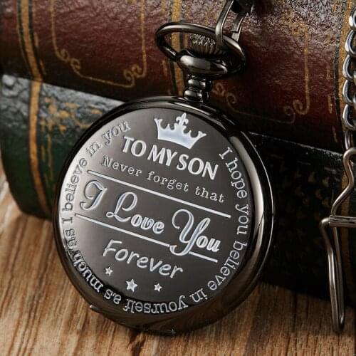 To Child Best Gift Pocket Watches Mens To My Son I Love You Girls Boys Present Black Quartz Pocket Watch Necklace Chain Clock