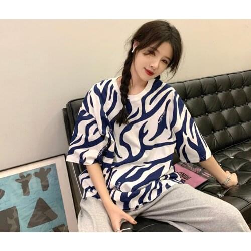 Korea High Street Zebra Blue Stripe Short-Sleeved t-Shirt Women Kawaii Top Alt Harajuku Ulzzang Couple Goth Tee Clothes Y2k