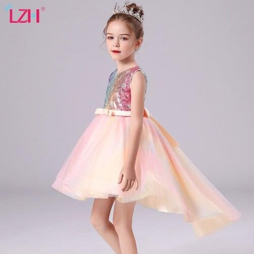 LZH 2021 Summer Color Female Princess Dress For Kids Childrens Performance Costume Baby Girls Birthday Party Dress 4-12 Years
