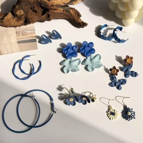 Fashion Jewelry Women Earring 2020 Popular Geometric Heart Butterfly Round Blue Dark Blue Color Dangle Drop Earrings Party Gifts
