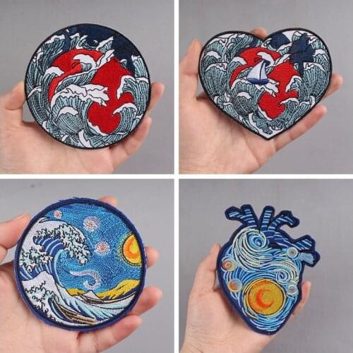 Outdoor Mountains Travel Patches For Clothing Adventure Embroidered Patches On Clothes Natural Stripe DIY Iron On Van Gogh Patch