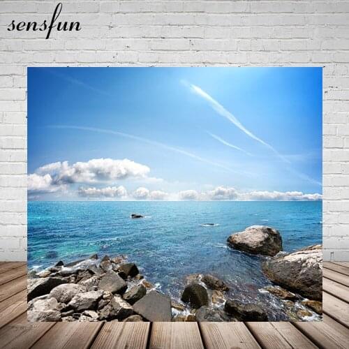 Sky Blue Sea Clouds Rock Photography Backdrop For Photo Studio 7x5FT Summer Beach Party Backgrounds Photocall
