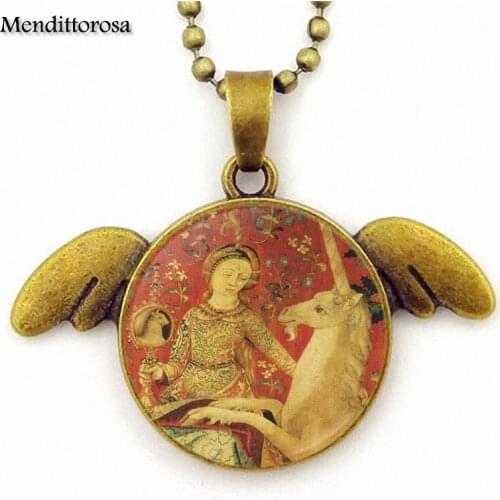 Unicorn In Captivity For Girls Gifts Vintage Jewelry Glass Cabochon Choker Bronze Angel Wings Pendant Necklace