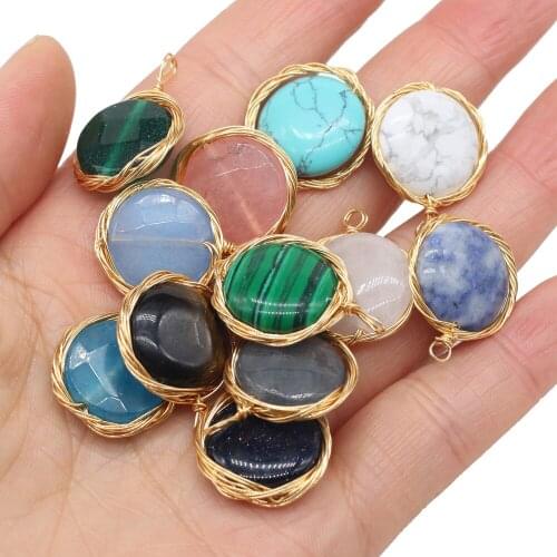 Natural Stone Pendants Gold Line Winding Round Semi-precious Charms for jewelry making DIY necklace bracelet accessories