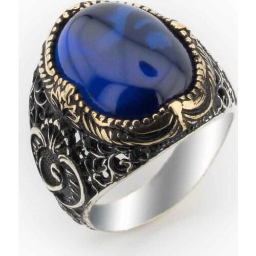 Blue Zircon Stone Vav Patterned Silver Ring