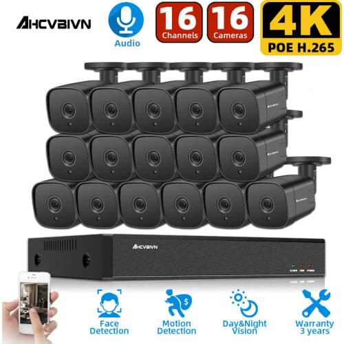 H.265 CCTV Camera Security System Kit 16ch POE 8MP NVR 4K Outdoor Audio Record Video Surveillance System Set IP Bullet Camera