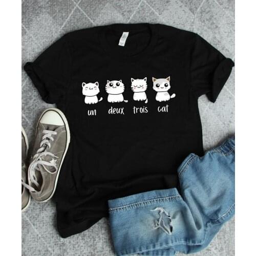 Un Deux Trois Cat T-Shirt Mother Plus Size Letters Women shirts 100% Cotton Kawaii O Neck Kawaii Short Sleeve Top Tees Girls