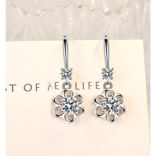 Cute Flower Silver Color Drop Earrings For Women Wedding Blue Pink White Crystal Zircon Dangle Earrings Vintage Fashion Earrings