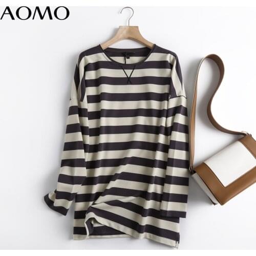 AOMO Women High Quality Striped Print Sweatshirts Oversize Long Sleeve O Neck Loose Pullovers Female Tops 6D42A