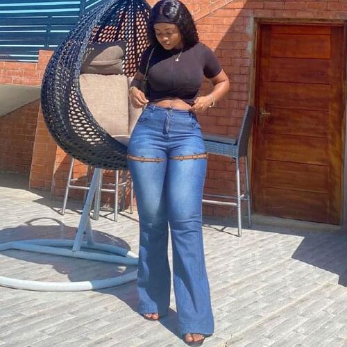 Plus Size Solid Color Flare Jeans Women 3XL High Waist Wide Leg Vintage Ripped Metal Ring Denim Pants Mom Indie Slim Trousers