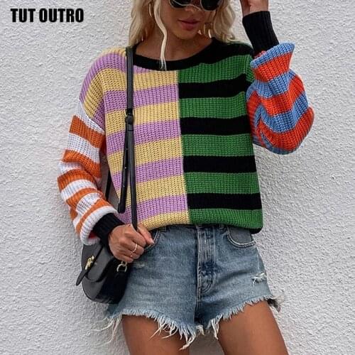 O-Neck Long Sleeve Patchwork Stripe Knitted Sweater 2021 Women Fashion Autumn Winter Y2k Casual Loose Pullover Sueter Mujer