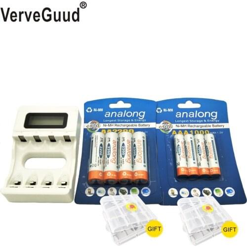 VerveGuud LCD Display USB Battery Charger For Ni-Cd Ni-Mh aa aaa Rechargeable Batteries + 4Pcs AA Batteries + 4Pcs AAA Batteries