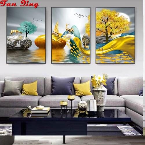 Golden tree night Lake deer Diamond Painting Animal Scenic Round Full Drill DIY Mosaic Embroidery 5D Cross Stitch Nouveaute gift