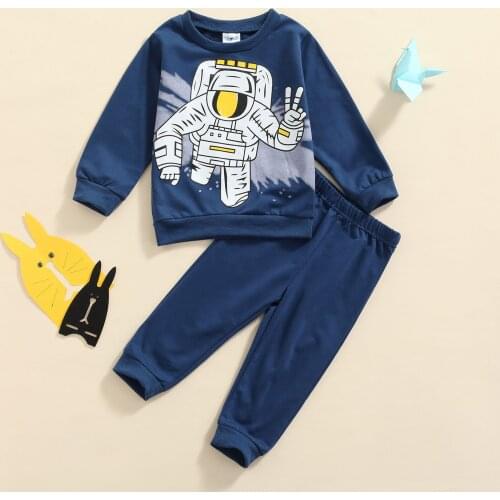 2pcs Autumn Little Boys Outfit, Toddlers Creative Spaceman Printing Round Collar Long Sleeve Tops + Long Pants Clothes Sets