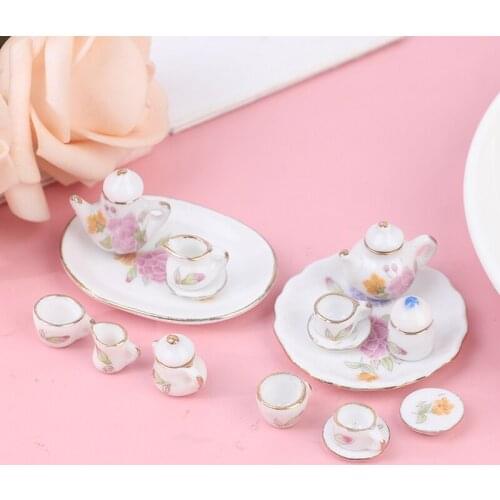 8Pcs 1/12 Miniature doll house pink Flower Patten Porcelain Coffee Tea Cups Ceramic Tableware Set Dollhouse Kitchen Accessories