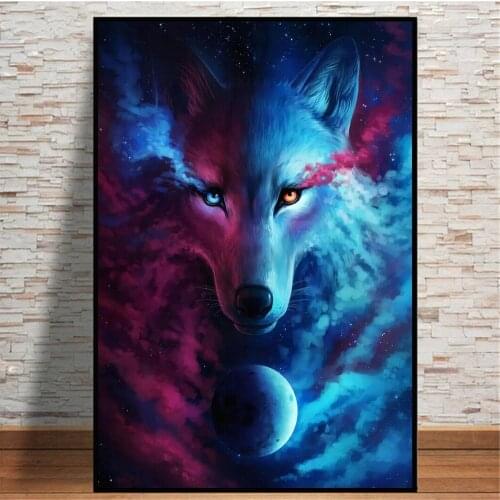 Watercolour Red And Blue Mist Wolf Fine Art Canvas Painting On The Wall Decor Poster And Prints Animal Mural Picture For Room
