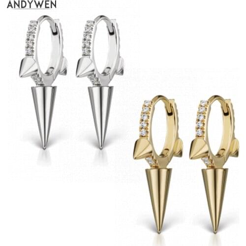 ANDYWEN 925 Sterling Silver 8MM Triple Long Spike Eternity Clicker Crystal CZ Zircon Hoops Clis Loops Huggies Earring For Women