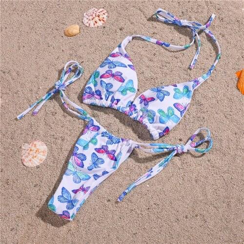 Bandage Mini Thong Bikinis Two-pieces Swimming Suits For Brazilian Girls Pringting Small Cup +High Cut Swimwear Set Bikini 2020