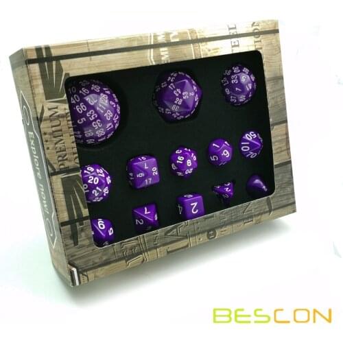 Bescon Complete Polyhedral RPG Dice Set 13pcs D3-D100, 100 Sides Dice Set Solid Purple