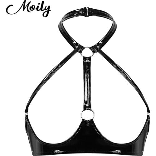 Fashion Punk Open Cup Bra Womens Sexy Leather Bra Top Halter Neck Hollow Out Bras Brallete Female Lingerie Underwear Plus Size
