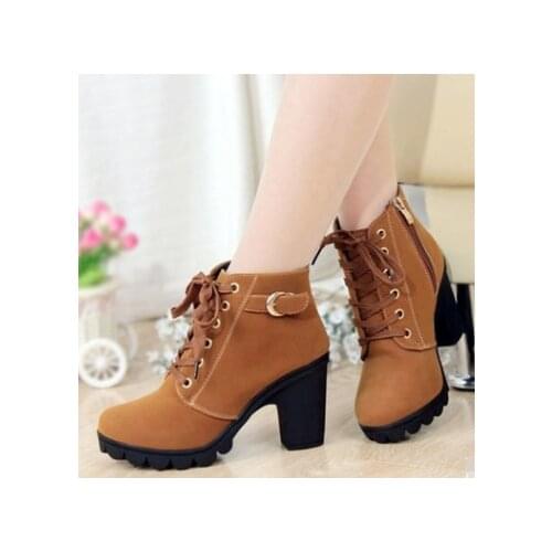 Spring and autumn womens high-heeled boots leisure lacing PU boots leisure high-heeled boots