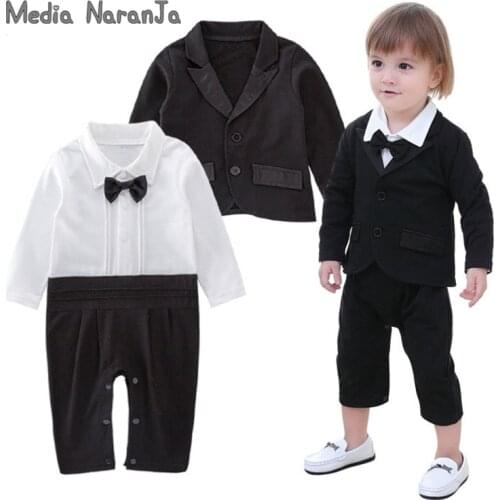 Baby boys gentlemen wedding clothes suit black bow tie full sleeve romper+jacket suit party gentleman formal costume