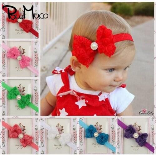 Powmuco 8 CM Solid Color Flowers Bowknot Toddler Elastic Hairband Boutique Pearl Rhinestone Bow Infant Headband Kids Accessories
