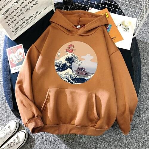 Hokusai On Cliff By Sea Comics Print Mens Hoodie Loose Clothing Warm Streetwear O-Neck Pullover Hoody