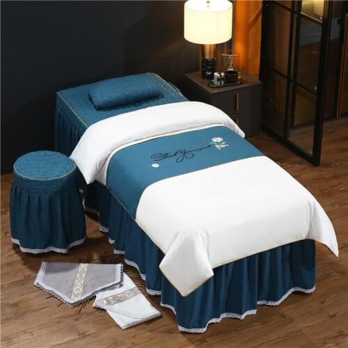 Custom Embroidery Logo 4-6pcs Beauty Salon Bedding Set Massage Spa Use Bedspread Duvet Cover Bed Skirt Quilt Sheet Chair cover#s