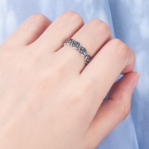 Sweet Love Flowers Antique Chunky Adjustable 925 Sterling Silver Rings For Women Engraved Romantic Tibetan Jewelry Gifts