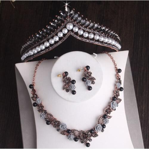 Baroque Retro Black Crystal Pearl Flowers Bridal Jewelry Sets Rhinestone Crown Tiara Necklace Earrings African Beads Jewelry Set