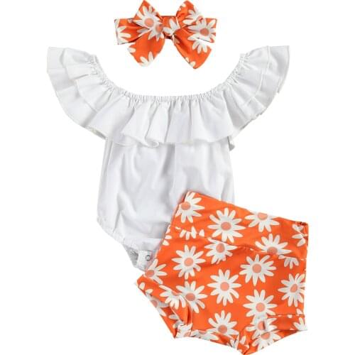0-24M Baby Girls Clothes Sets 3pcs Off Shoulder Short Sleeve Solid Romper+Flowers Shorts Headband