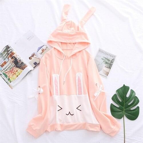 2020 New Ladies Hoodies Cute Pink Rabbit Ears Long Sleeve Hooded Jumper Mori Girl Coat Cute Pink Hoodies 5822